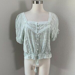 Lucky Brand Womens Large Lace Trim Blouse Boho Green Floral Cottagecore Shirt